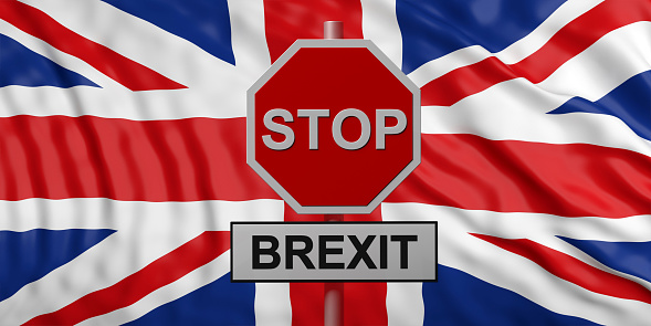 Stop Brexit concept. Red stop sign with text STOP BREXIT against United Kingdom flag background. 3d illustration