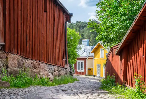Beautiful city landscape with idyllic street view and old buildings at summer day in Porvoo, Finland