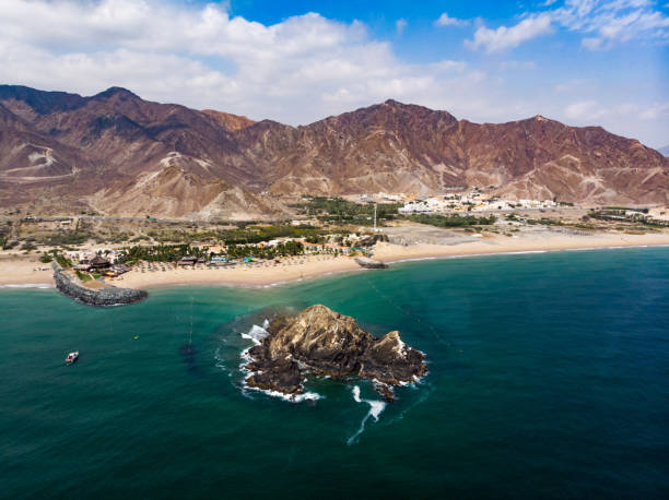 Fujairah sandy beach in the United Arab Emirates Fujairah sandy beach in the United Arab Emirates aerial view fujairah stock pictures, royalty-free photos & images