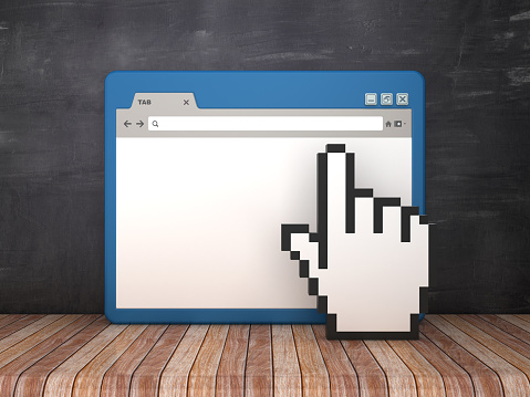 Web Browser with Hand Cursor on Chalkboard Background  - 3D Rendering