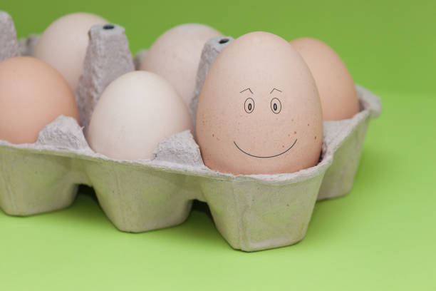 istock Eggs face drawing on egg. Smiling and satisfied egg, the biggest egg among another little. Concept main, leader, important. 1137523014
