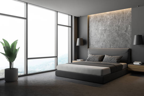 istock Gray and stone bedroom corner with window 1137525247