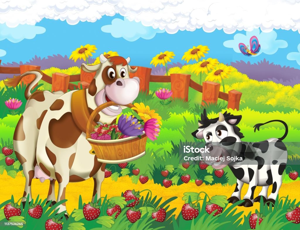 Cartoon Scene With Life On The Farm With Cow In The Farm Field Meeting  Young Calf Stock Illustration - Download Image Now - iStock