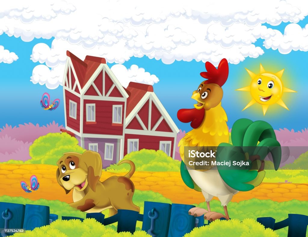 Cartoon Scene With Life On The Farm With Rooster And Dog Stock Illustration  - Download Image Now - iStock
