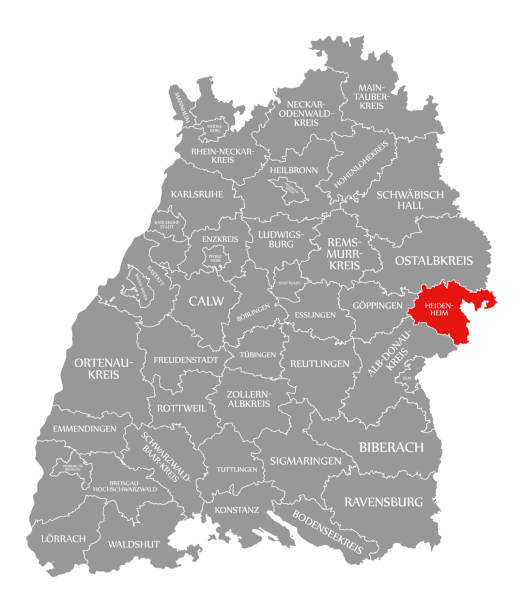 Heidenheim county red highlighted in map of Baden Wuerttemberg Germany Heidenheim county red highlighted in map of Baden Wuerttemberg Germany heidenheim stock illustrations