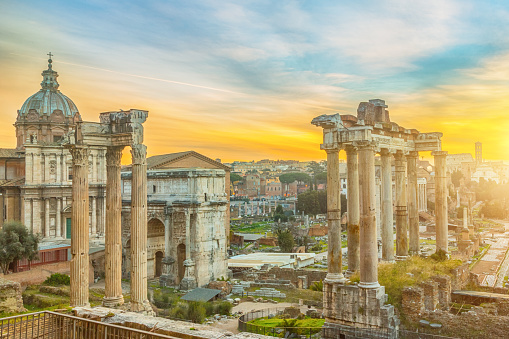 From left to right: Church of Santi Luca e Martina, Temple of Vespasian and Titus, Arch of Septimius Severus, the ruins of Temple of Saturn