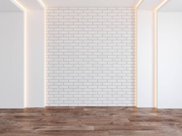 istock Empty room with blank brick wall, hidden light, parquet wood floor. 3d render illustration mockup. 1137533456