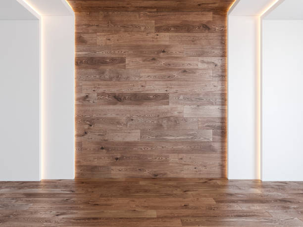 istock Empty room with blank wood wall, hidden light, parquet wood floor. 3d render illustration mockup. 1137533518