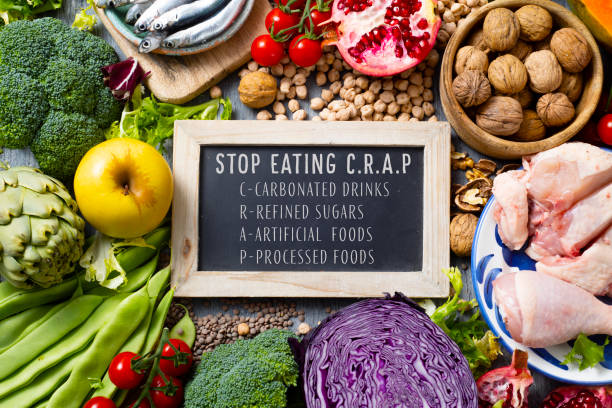 istock unprocessed food and text stop eating CRAP 1137533611
