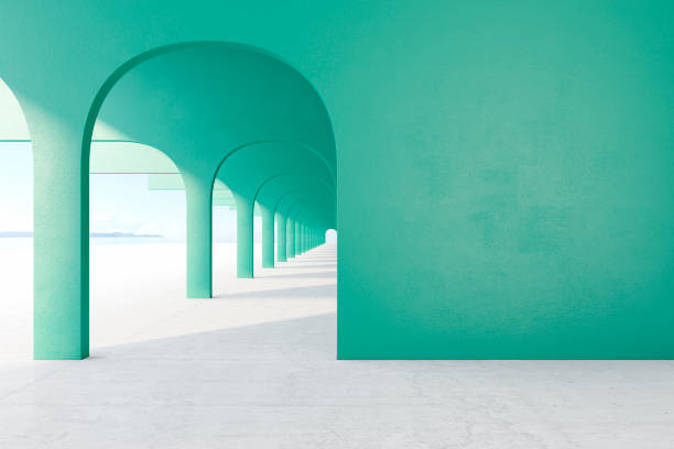 istock Green architectural corridor with empty wall, concrete floor, horizon line. 3d render illustration mock up 1137533672