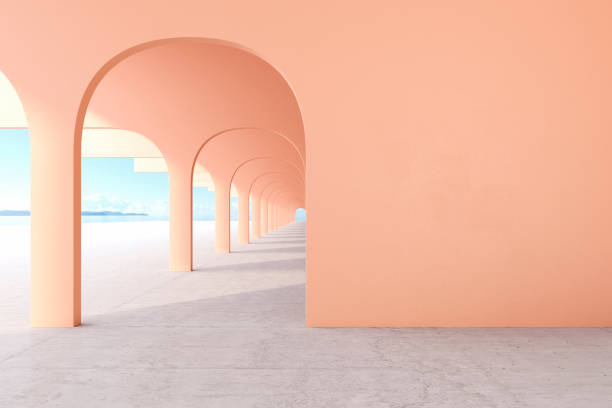 istock Peach color architectural corridor with empty wall, concrete floor, horizon line. 3d render illustration mock up 1137533681