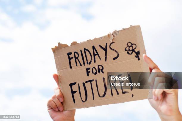 Text Fridays For Future In A Brown Signboard Stock Photo - Download Image Now - Fridays for Future, Strike - Protest Action, Climate