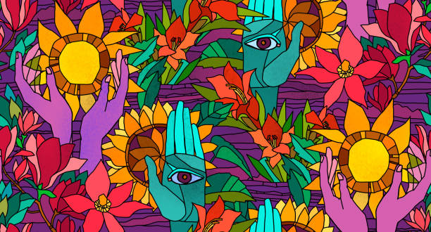 ilustrações de stock, clip art, desenhos animados e ícones de bright seamless pattern with sunflowers,  magnolia, gladiolus and human hands - stained glass illustrations