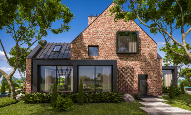 representación en 3d de la moderna casa de clinker en los estanques con piscina - casa de ladrillo fotografías e imágenes de stock