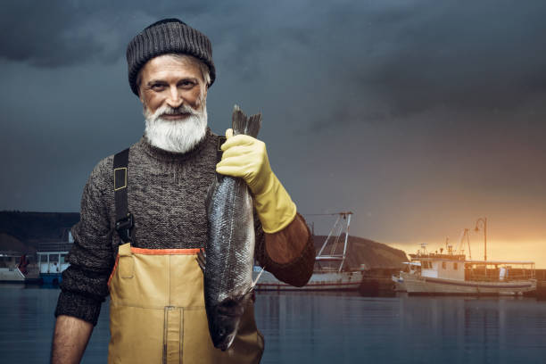 Fisherman Portrait of senior fisherman holding big fish seafood photos stock pictures, royalty-free photos & images