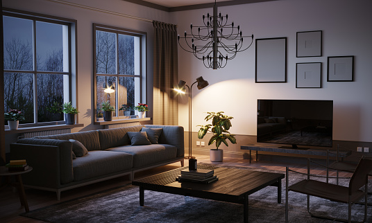 Scandinavian style designed living room interior scene in the evening. ( 3d render )