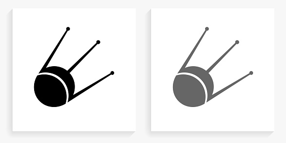 Sputnik Satellite Black and White Square Icon. This 100% royalty free vector illustration is featuring the square button with a drop shadow and the main icon is depicted in black and in grey for a roll-over effect.