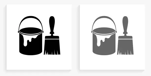 Vector illustration of Paint Bucket & Brush Black and White Square Icon