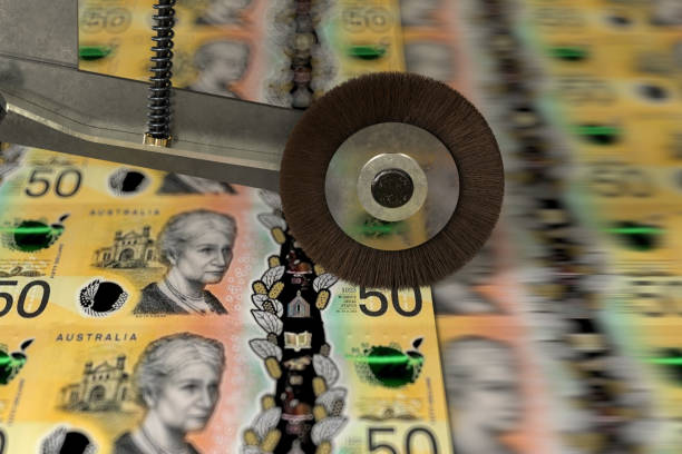 australische 50-dollar-banknoten gedruckt - geld drucken stock-fotos und bilder