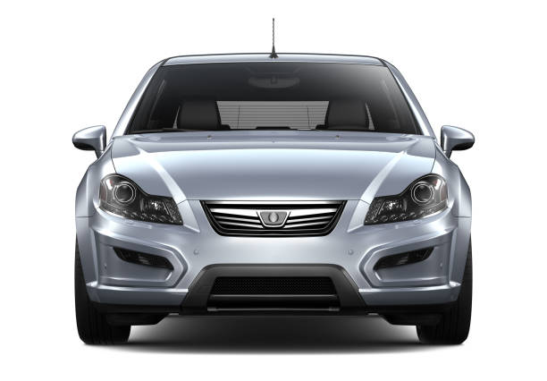 illustrazione 3d di generic silver car - vista frontale - punto di vista frontale foto e immagini stock