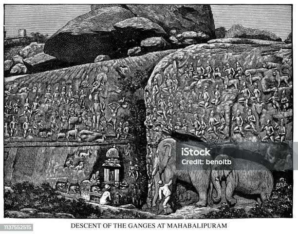 Descent Of The Ganges Carving At Mahabalipuram Stock Illustration - Download Image Now - Mahabalipuram, Sculpture, 19th Century