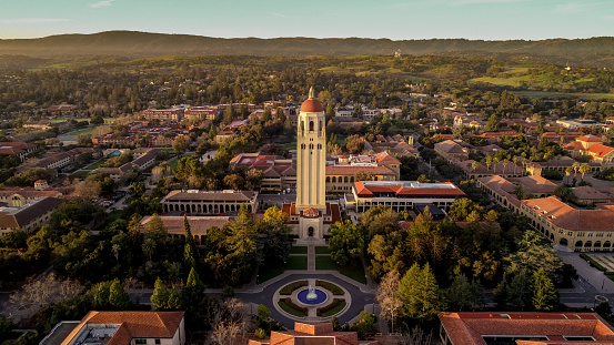 Stanford, California, USA - March 17, 2019: Aerial view of Stanford University in Stanford California. Stanford is a private university founded in 1885 by Leland and Jane Stanford.
