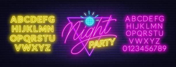 Neon lettering Night party on brick wall background. Glowing fonts. Neon lettering Night party on brick wall background. Glowing fonts. Template for invitation, card or poster. club dj stock illustrations