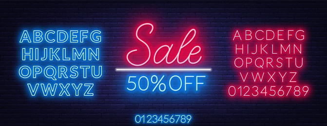 Sale neon sign. Offer a discount. Template with fonts. Vector illustration