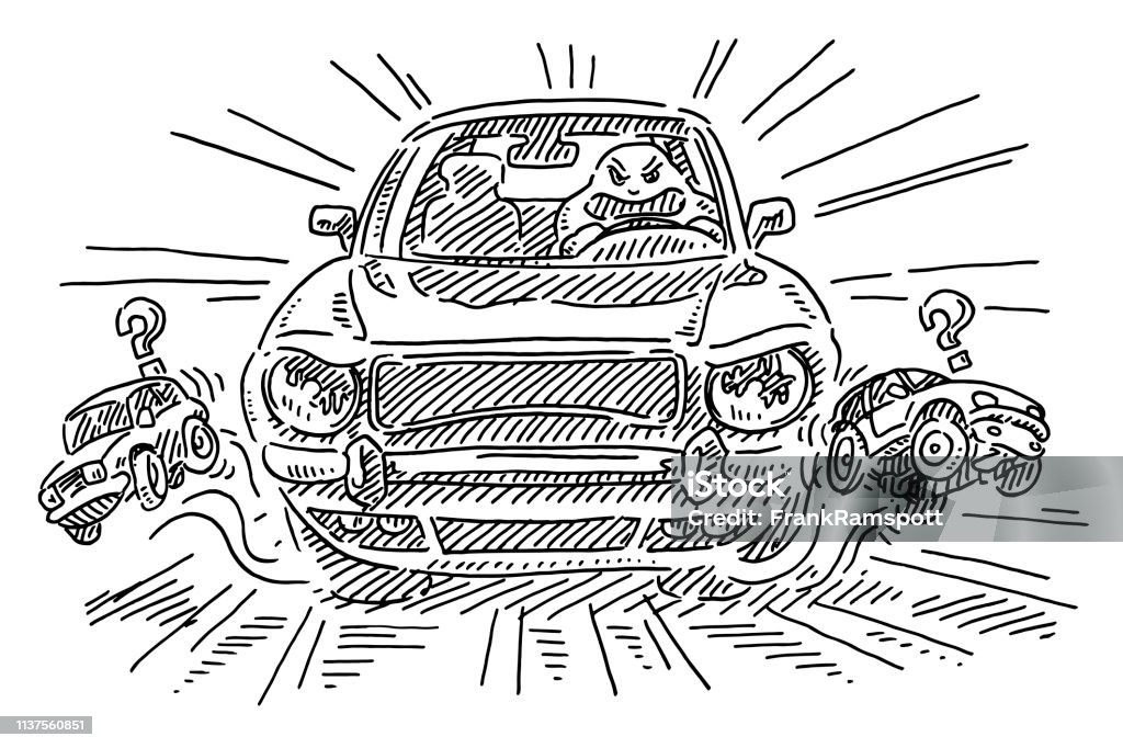 Reckless Angry Car Driver Threat To Small Cars Drawing Hand-drawn vector drawing of a Reckless Angry Car Driver Threat To Small Cars. Black-and-White sketch on a transparent background (.eps-file). Included files are EPS (v10) and Hi-Res JPG. Car stock vector