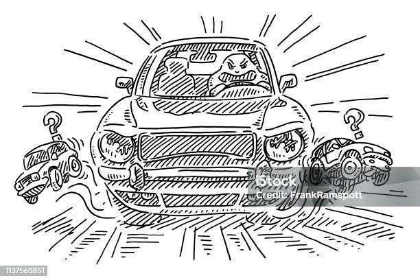 Reckless Angry Car Driver Threat To Small Cars Drawing Stock Illustration - Download Image Now