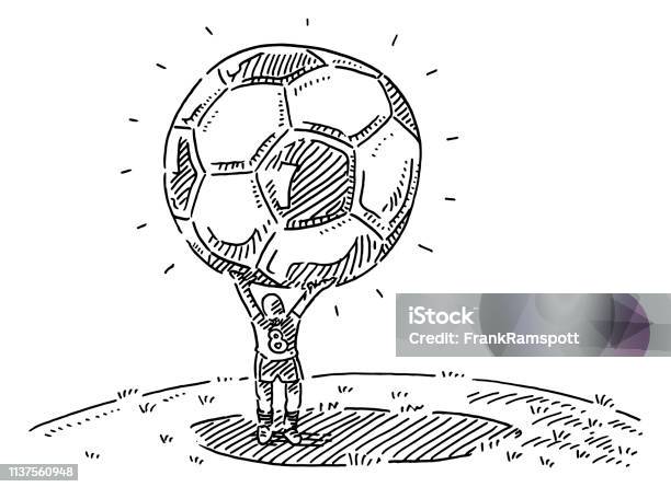 Player Holding Oversized Soccer Ball Drawing Stock Illustration - Download Image Now - Black And White, Grass, Soccer
