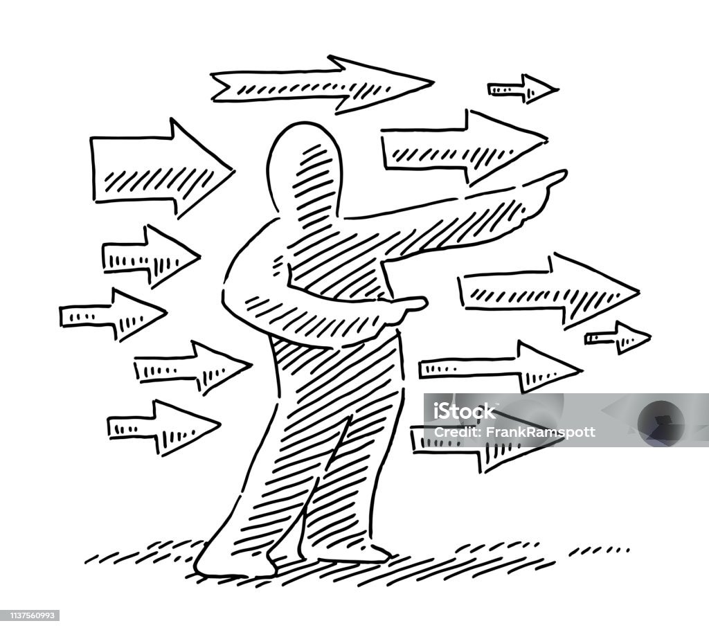 Human Figure Pointing To The Right Side Arrows Direction Drawing Hand-drawn vector drawing of a Human Figure Pointing To The Right Side, many Arrows pointing in the same Direction. Black-and-White sketch on a transparent background (.eps-file). Included files are EPS (v10) and Hi-Res JPG. Drawing - Art Product stock vector