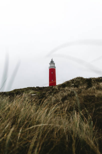 istock Foggy red lighthouse and grass on Texel island 1137561203