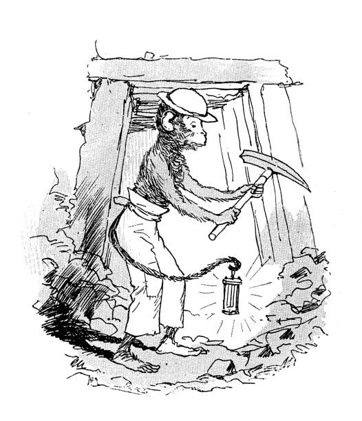 Antique humor cartoon illustration: Monkey miner Antique humor cartoon illustration: Monkey miner drawing of slaves working stock illustrations
