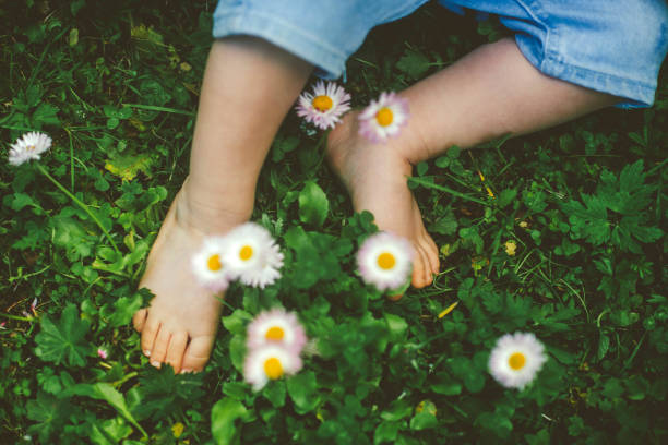 istock Child's feet on the green grass 1137562793
