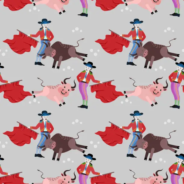 Vector illustration of Matadors and bullfighting seamless pattern.