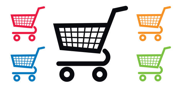 Caddie icon to symbolize the proximity trade Caddie pictograms of different colors, to symbolize local commerce, supermarkets and consumption. megastore stock illustrations