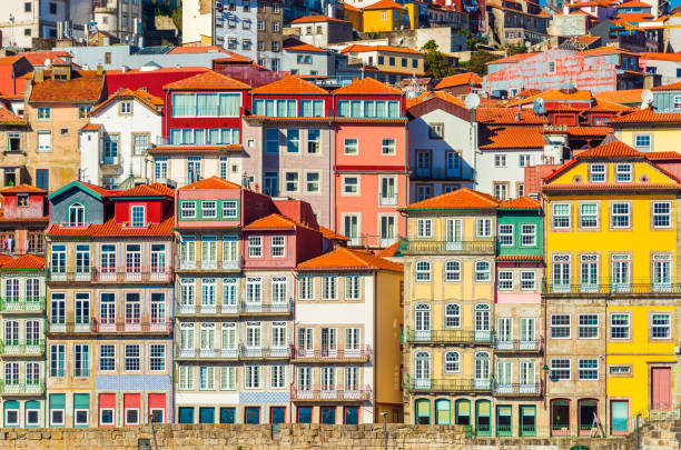 Old historical houses of Porto. Rows of colorful buildings in the traditional architectural style, Portugal stock photo