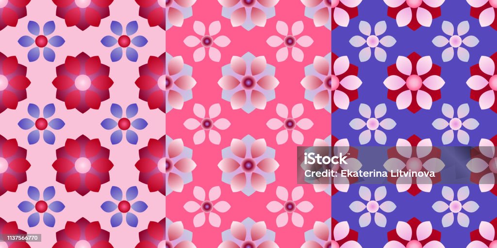 Set of three seamless patterns with abstract flowers. Vector EPS10. Clipping mask applied. Set of three seamless patterns with abstract flowers. Vector EPS10. Abstract stock vector