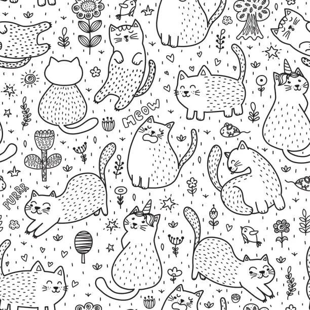 Vector illustration of Cute cats in the summer seamless pattern. Black and white doodle background