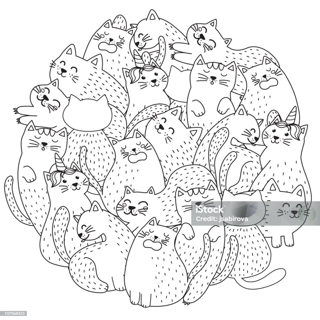 Doodle cute cats coloring page. Funny circle shape print Doodle cute cats coloring page. Funny circle shape print. Vector illustration Domestic Cat stock vector