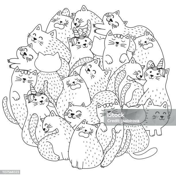 Doodle Cute Cats Coloring Page Funny Circle Shape Print Stock Illustration - Download Image Now