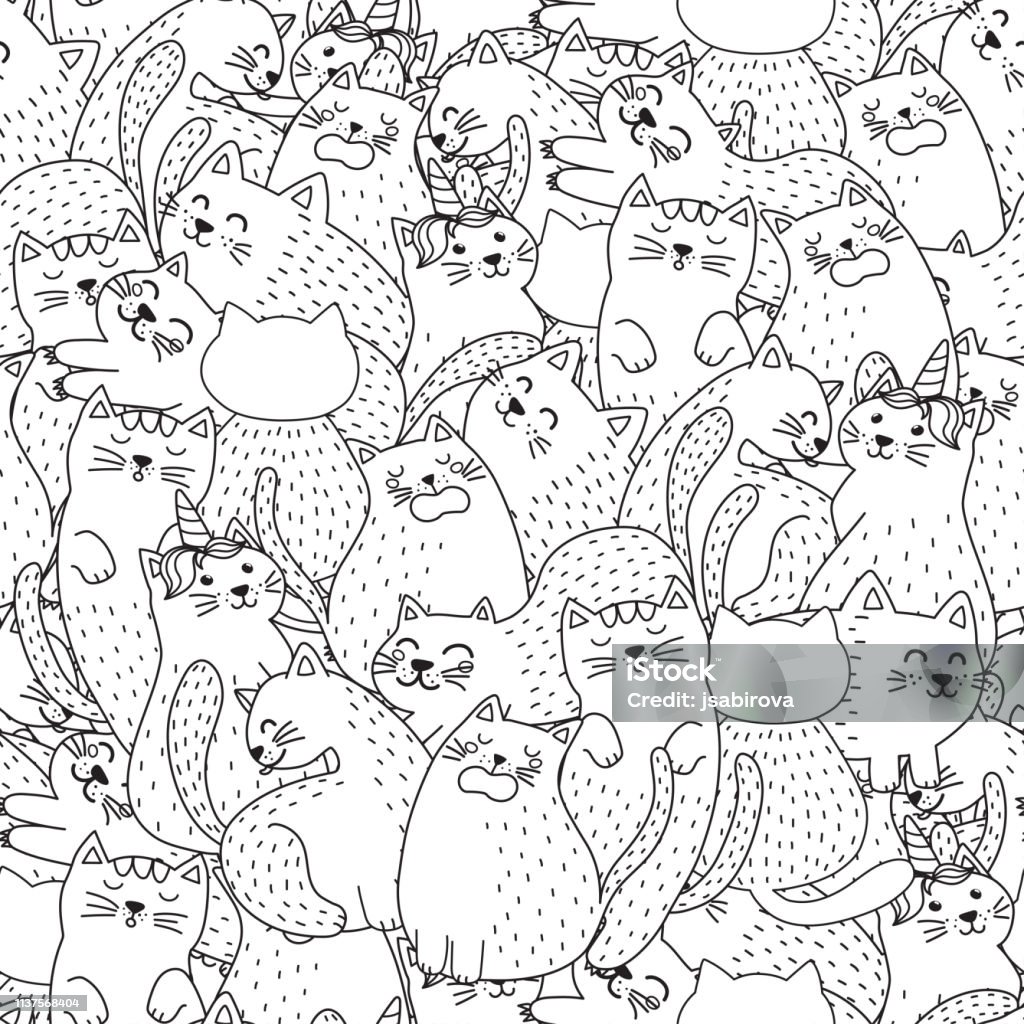 Funny cats black and white seamless pattern Funny cats black and white seamless pattern. Great for  coloring page, prints, backgrounds, textile and fabric. Vector illustration Backgrounds stock vector