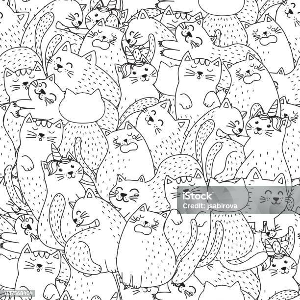 Funny Cats Black And White Seamless Pattern Stock Illustration - Download Image Now - Backgrounds, Domestic Cat, Doodle