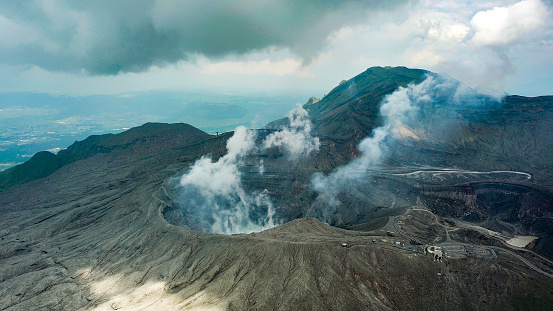 Aerial Shot of the crater at Mt Aso in Kyushu, Japan