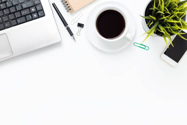 istock Top View office desk with computer,smartphone and office supplies with copy space 1137571268