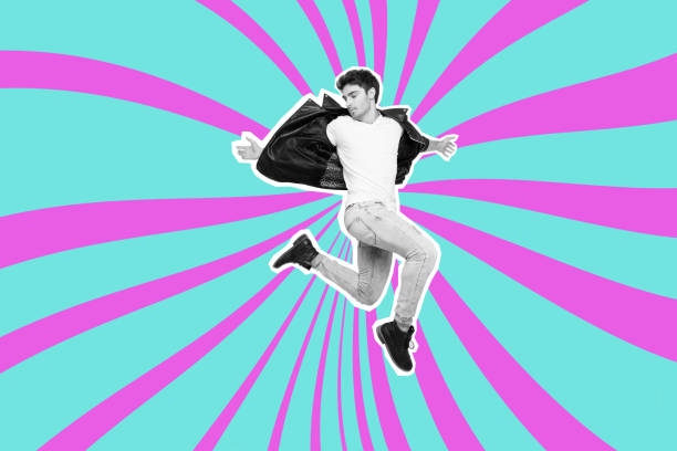 istock Portrait handsome he his him guy jump insert inside futuristic stylized design leather jacket jeans denim painted into grey isolated color lines blue violet vortex spirally drawing background 1137571302