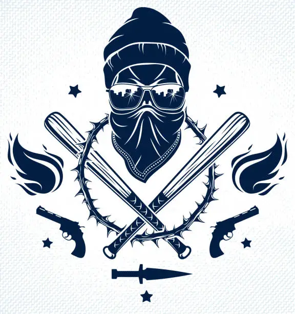 Vector illustration of Gangster emblem tattoo with aggressive skull baseball bats and other weapons and design elements, vector, criminal ghetto vintage style, gangster anarchy or mafia theme.