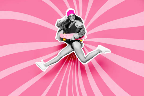 istock Full length body size side profile she her lady skateboard funky fly flexibility mixed into grey paint illustration sport life placard isolated vortex optical sunbeam pink lines drawing background 1137571411