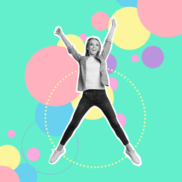Full length body size portrait nice cute cool funky cheerful she her lady flying in air mixed into grey paint illustration sport life placard idea concept isolated colored circles drawing background. cuerpo de tamaño completo retrato lindo lindo fresco funky alegre ella su señora volando en el aire mezclado en pintura gris ilustración de la idea de la vida deportiva del cartel concepto de color aislado círculos de colores dibujando fondo